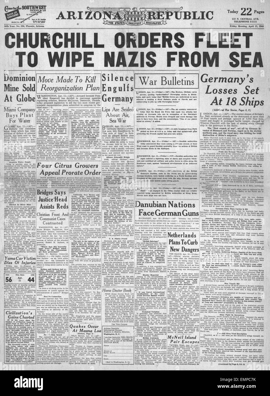1940 front page Arizona Republic Chuchill demands victory in Norway Stock Photo