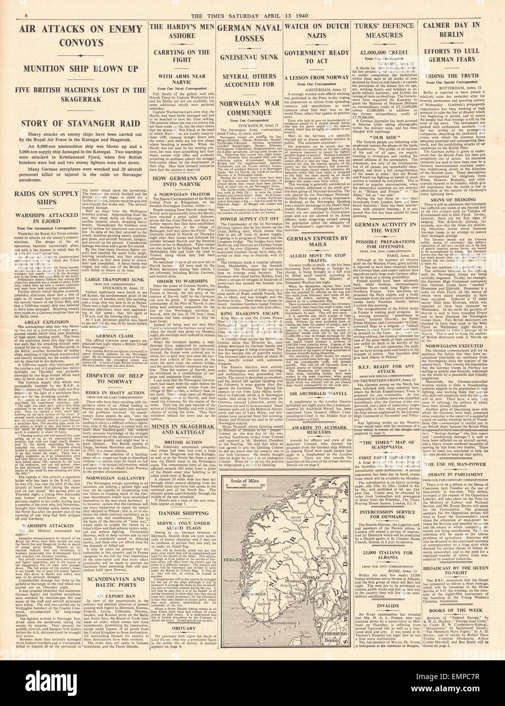 1940 page 6 The Times Battle for Norway Stock Photo