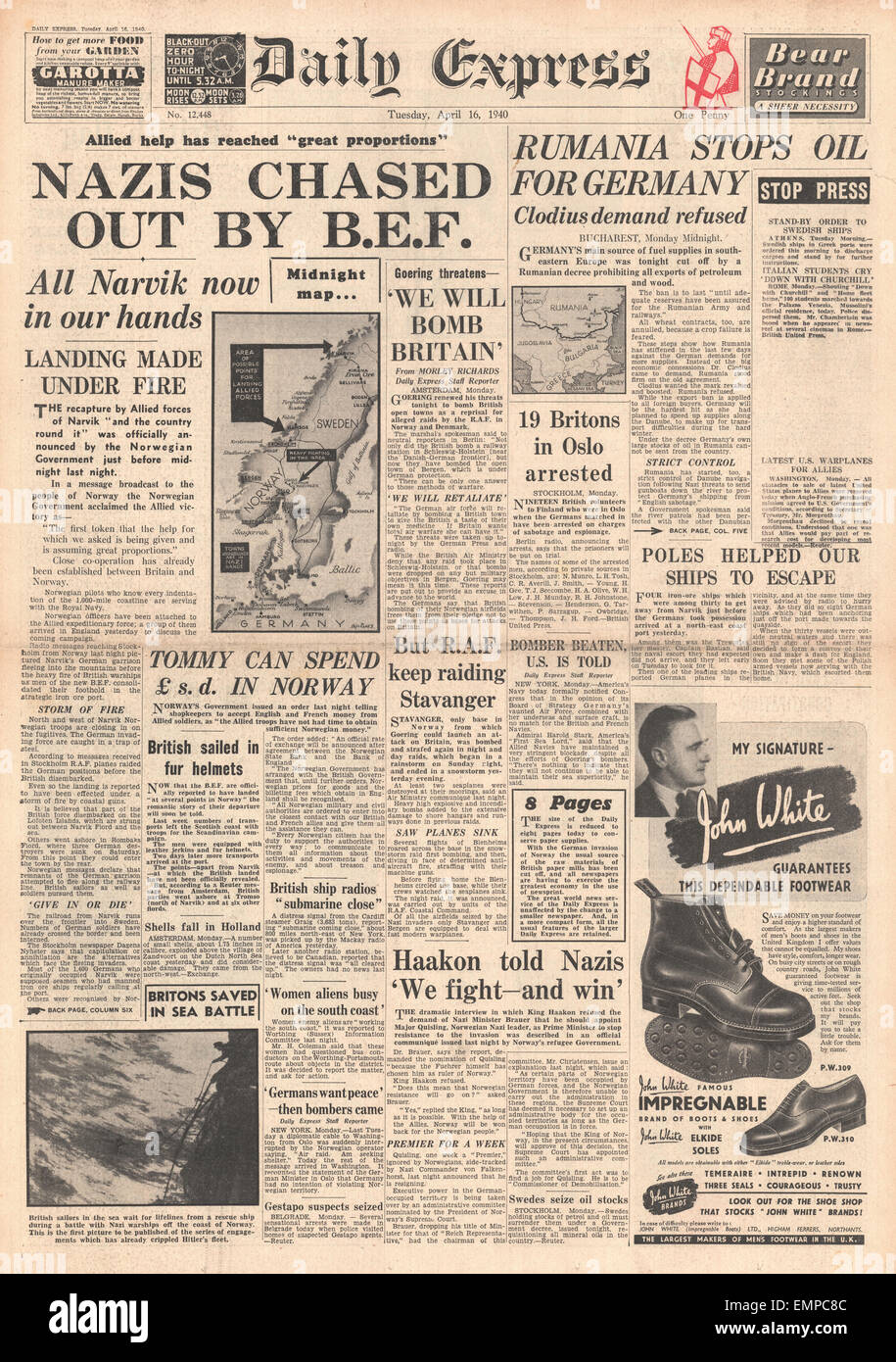 1940 front page Daily Express British forces recapture Narvik Stock Photo