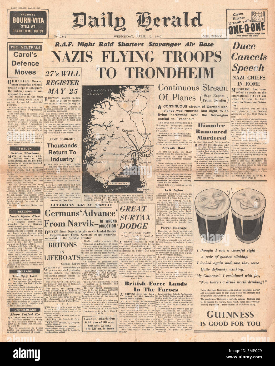 1940 front page Daily Herald Battle for Norway Stock Photo