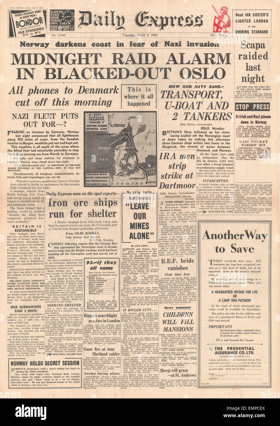1940 front page Daily Express Black-out in Norway over German invasion threat Stock Photo