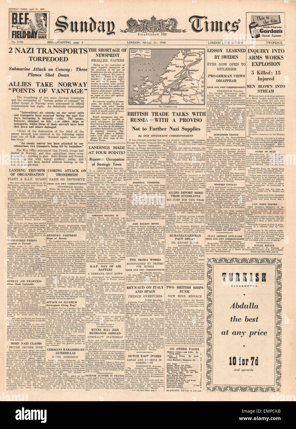 1940 front page Sunday Times German transport ships sunk off Norway by British submarine HMS Seawolf Stock Photo