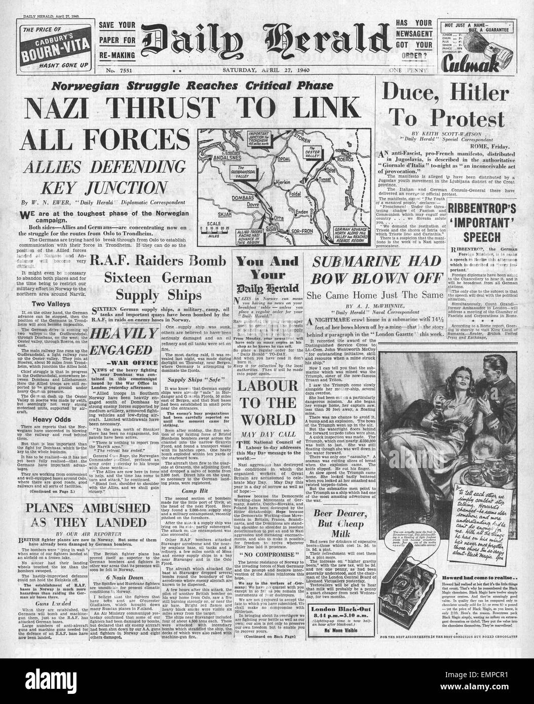 1940 front page  Daily Herald German Forces advance in Norway Stock Photo