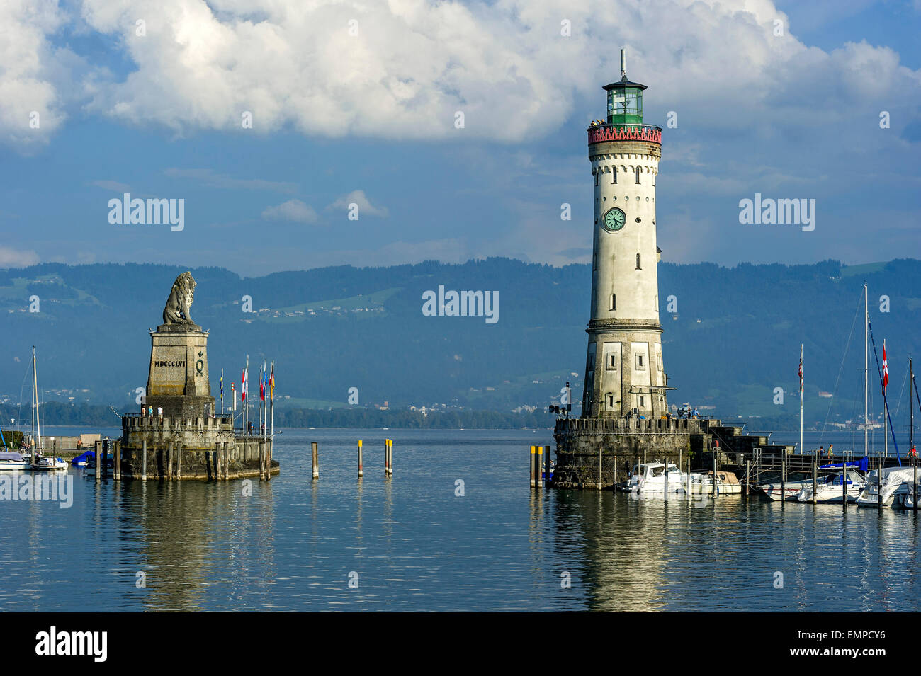 Bavarian Lion, new lighthouse at the port entrance, port, Lake Constance, Lindau, Swabia, Bavaria, Germany Stock Photo