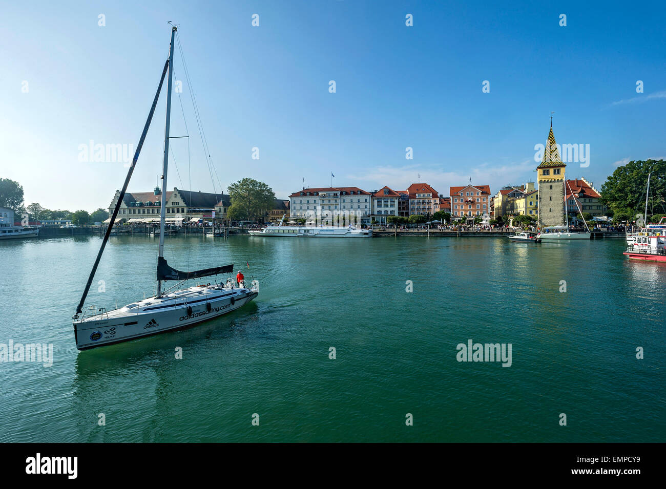 Sailboat, old lighthouse, Mangenturm, port, Lake Constance, Lindau, Swabia, Bavaria, Germany Stock Photo