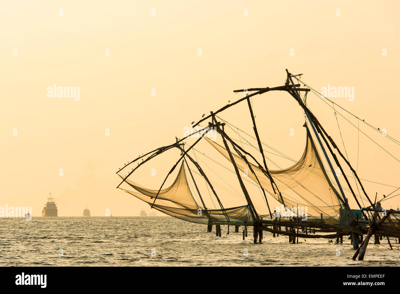 Chinese fishing nets, sunset, Arabian Sea coast, Kochi, Kerala, South India, India Stock Photo