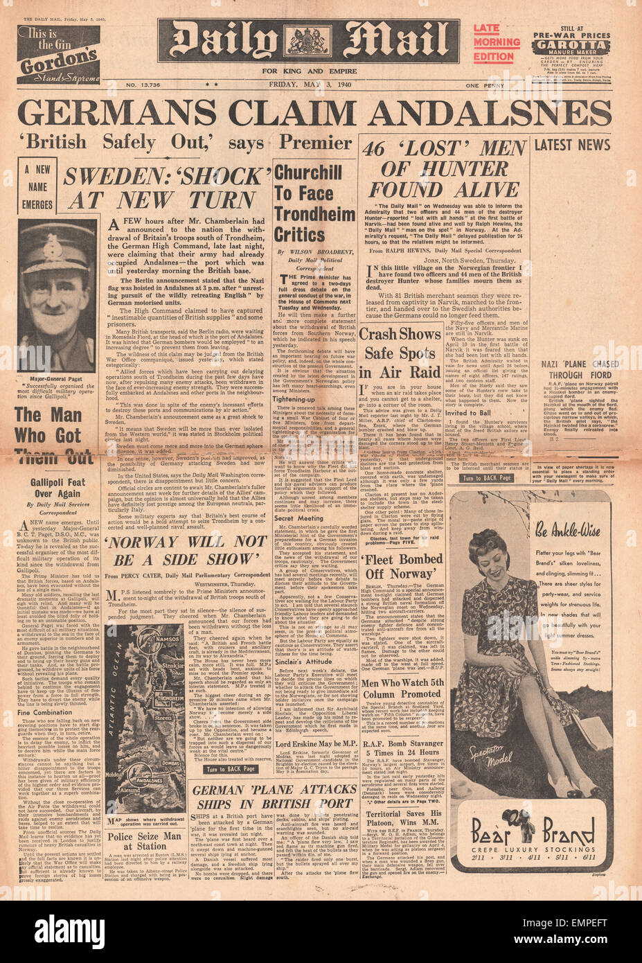 1940 front page   Daily Mail German Forces Occupy Andalsnes Stock Photo