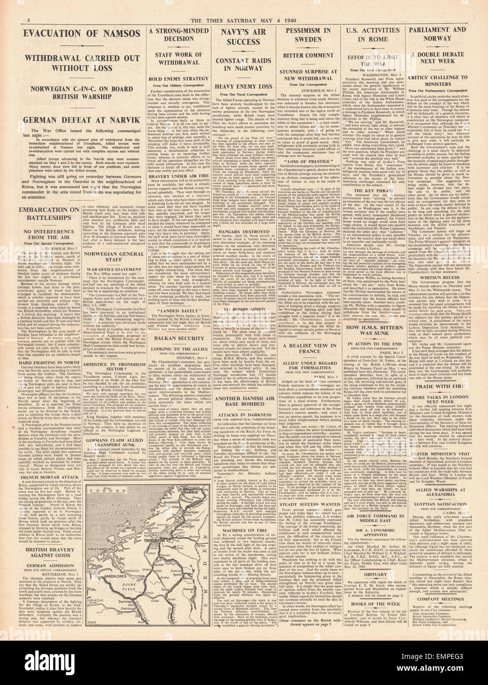 1940 page 6 The Timesl Allies abandon Namsos Stock Photo