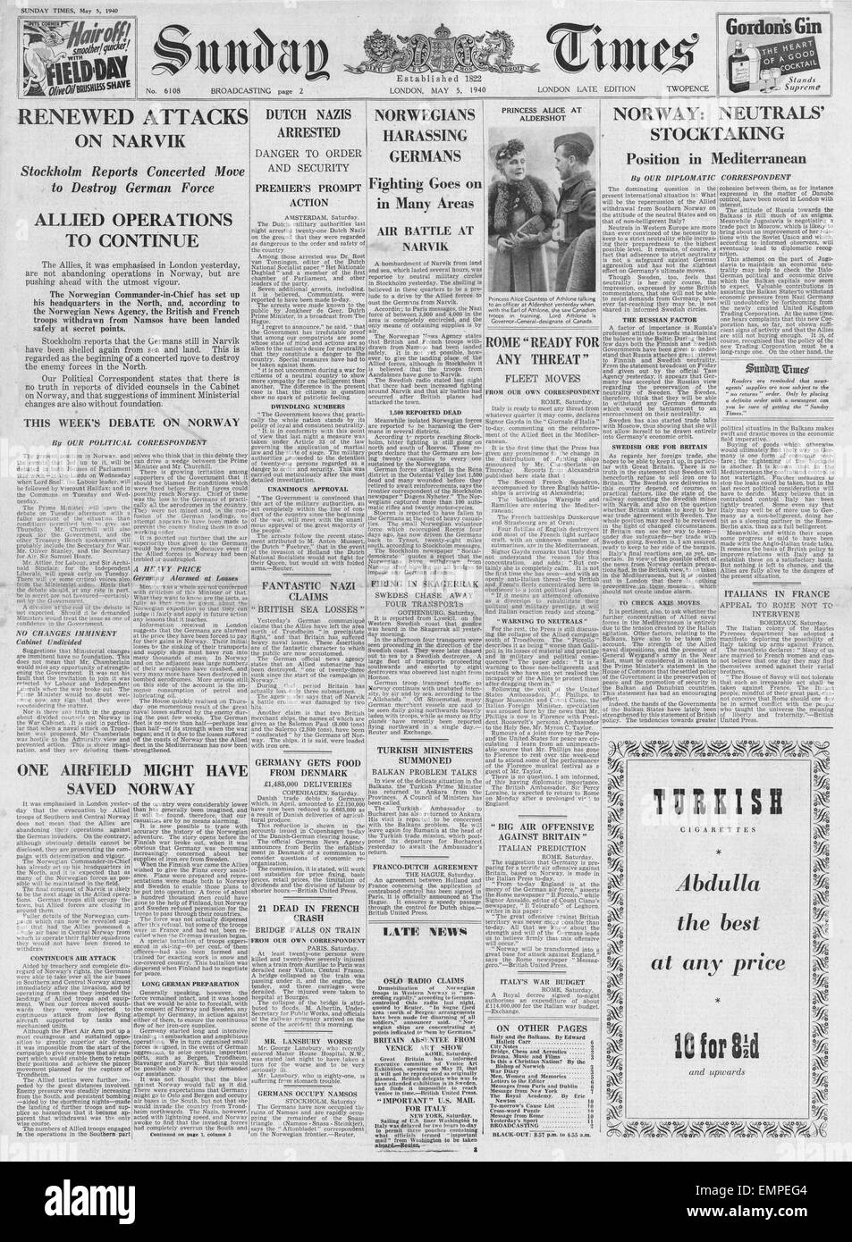 1940 front page Sunday Times Battle for Norway Stock Photo