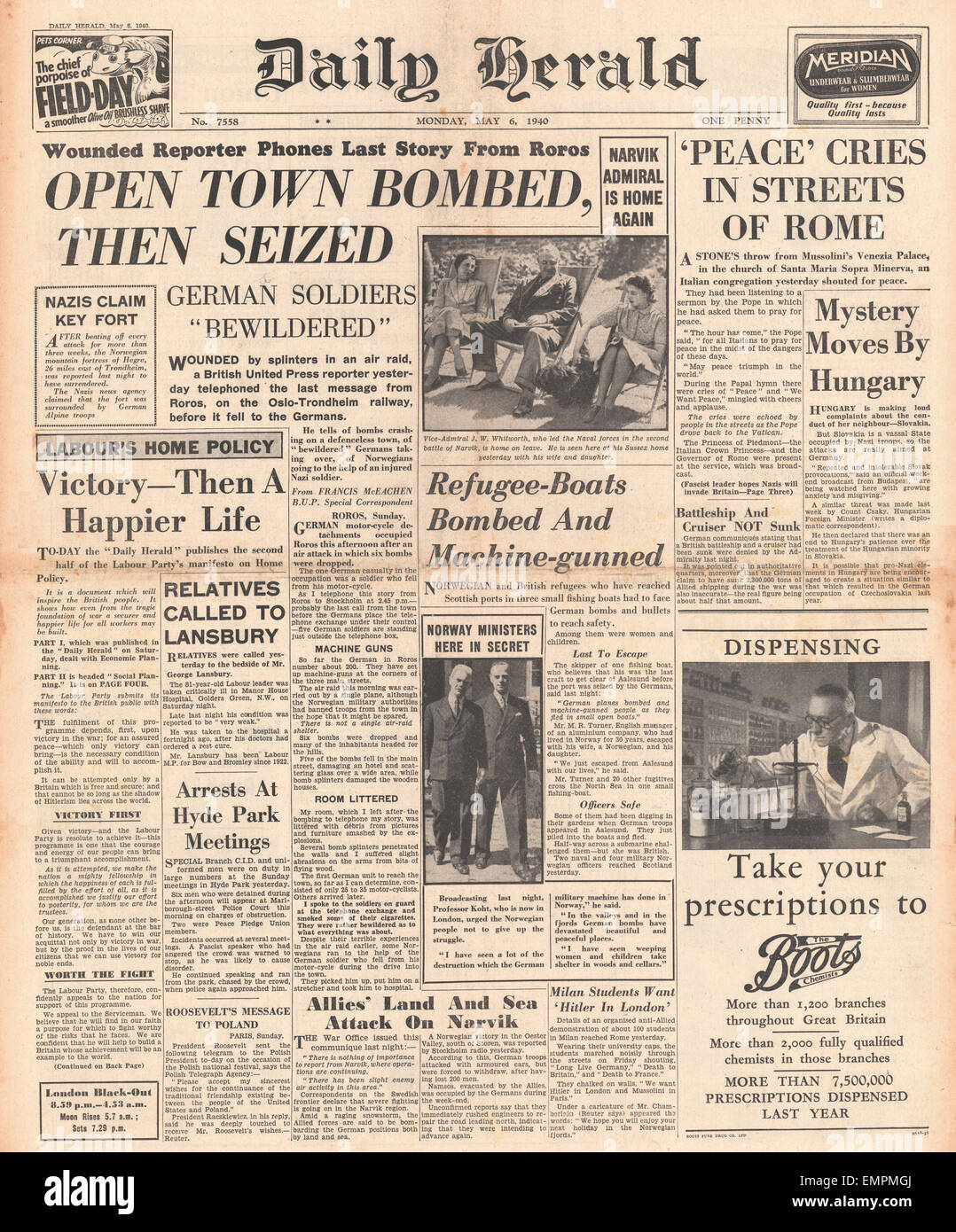 1940 front page  Daily Herald Norwegian town of Roros bombed taken by German Forces Stock Photo