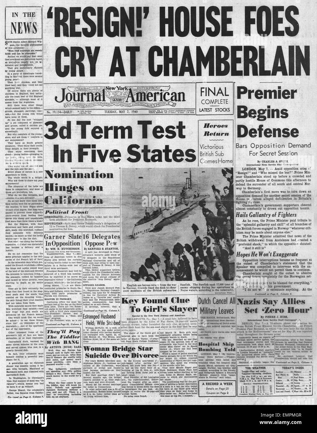 1940 front page  New York Journal American Call for Chamberlain to Resign Stock Photo