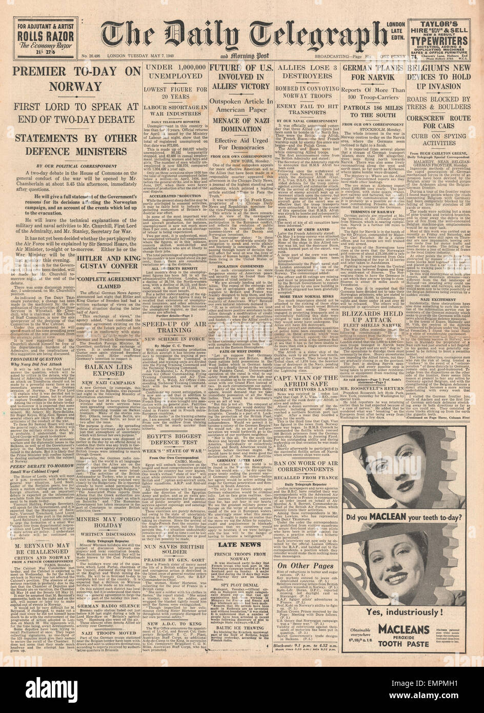 1940 daily telegraph front page hi-res stock photography and images - Alamy
