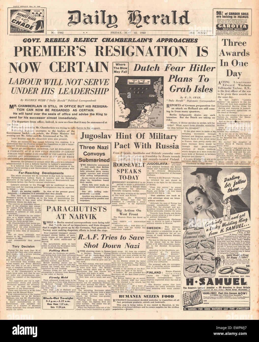1940 front page Daily Herald Chamberlain's resignation is now certain Stock Photo