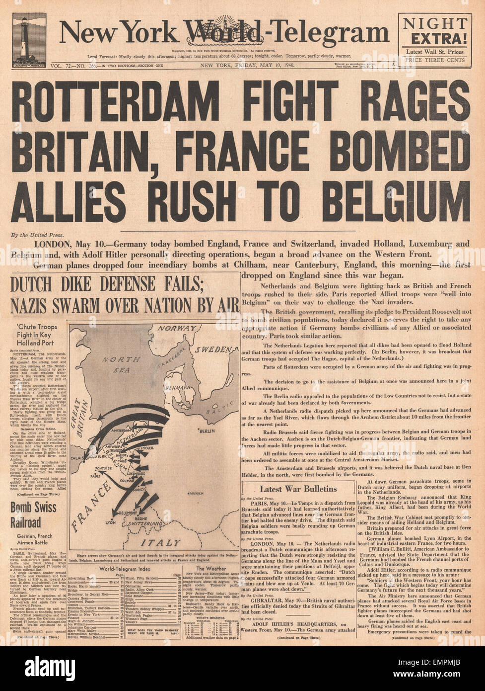 1940 front page  New York World Telegram Germany Invades Holland Stock Photo