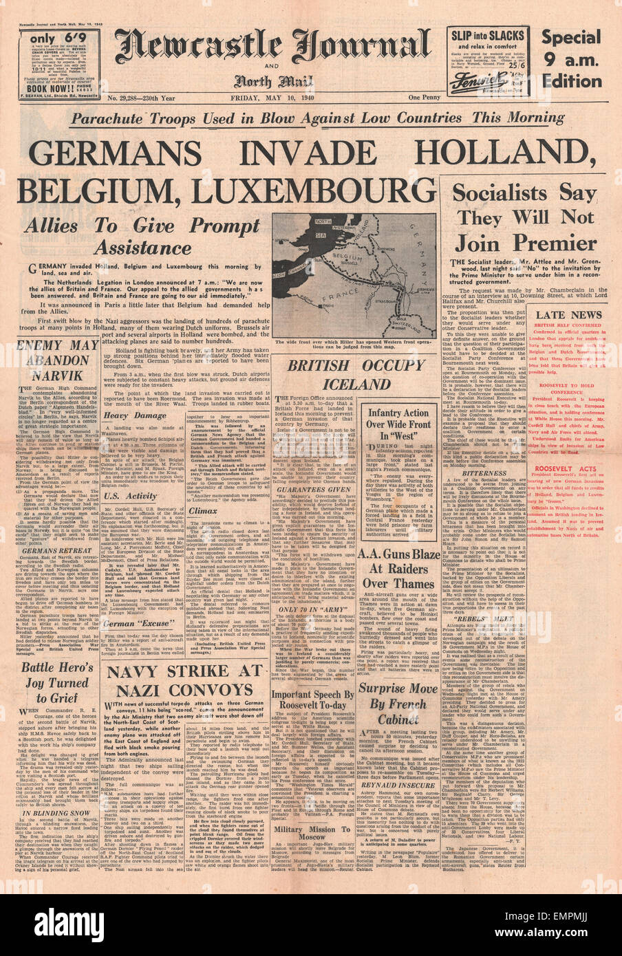 1940 front page Newcastle Journal Germans invade Holland, Belgium Luxembourg Stock Photo