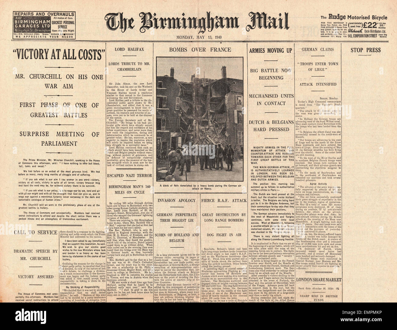1940 front page Birmingham Mail Churchill Speech 'Victory at all costs' speaking of 'Blood, Toil, Tears sweat' Stock Photo
