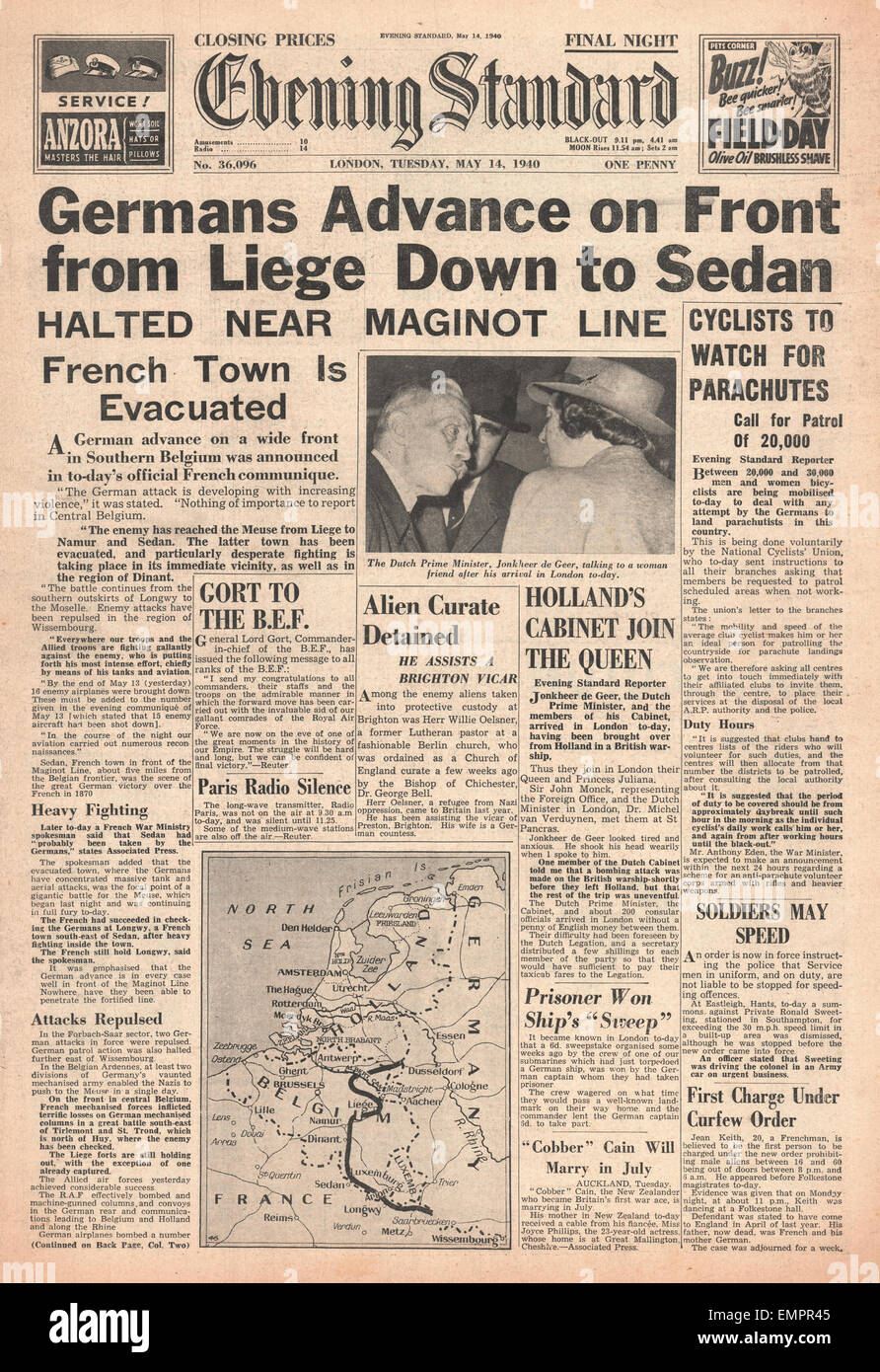 1940 front page Evening Standard German Army at Sedan Stock Photo