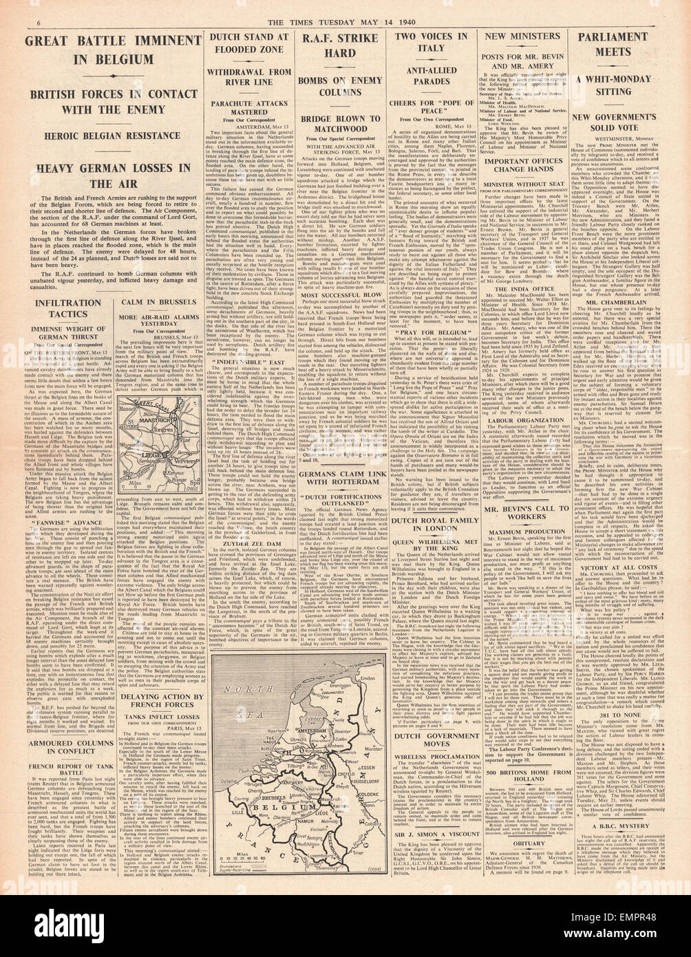 1940 page 6 The Times Allied German Forces Battle in Belgium Stock Photo