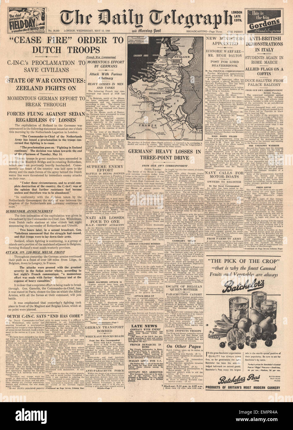 1940 front page Daily Telegraph Cease fire order to Dutch Troops Stock Photo
