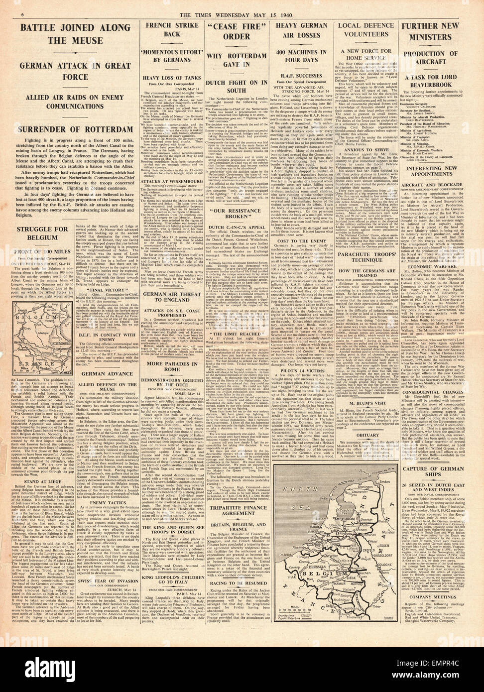 1940  page 6  The Times Fall of Rotterdam cease fire ordered Stock Photo