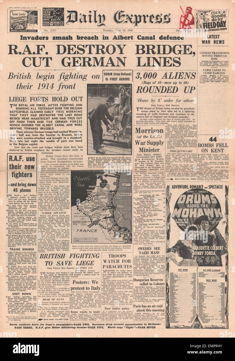 1940 front page Daily Express German Army advances into Belgium Stock Photo