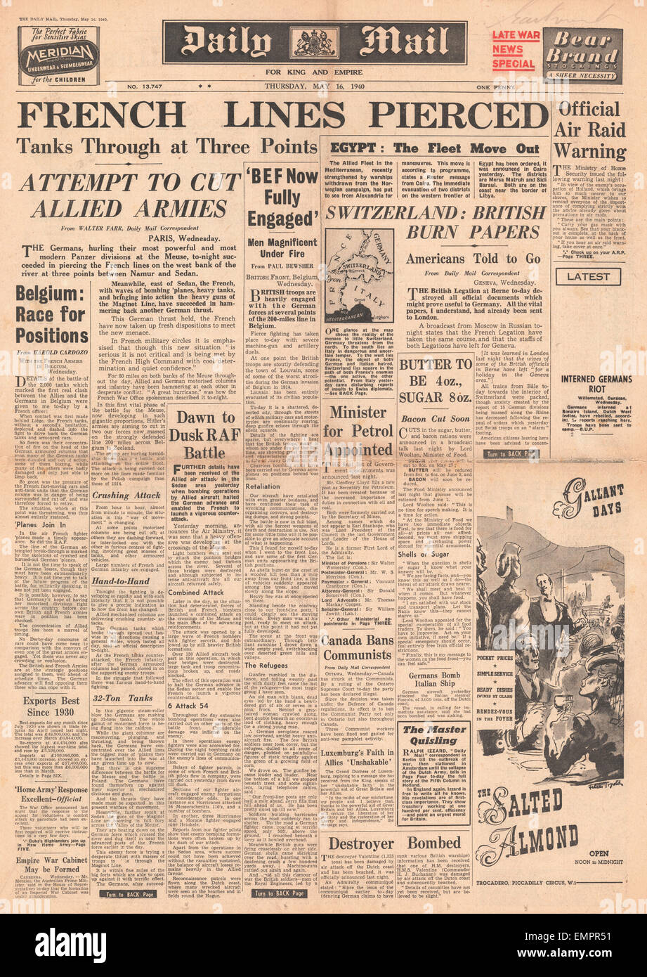 1940 front page Daily Mail German Army pierce French Lines Stock Photo