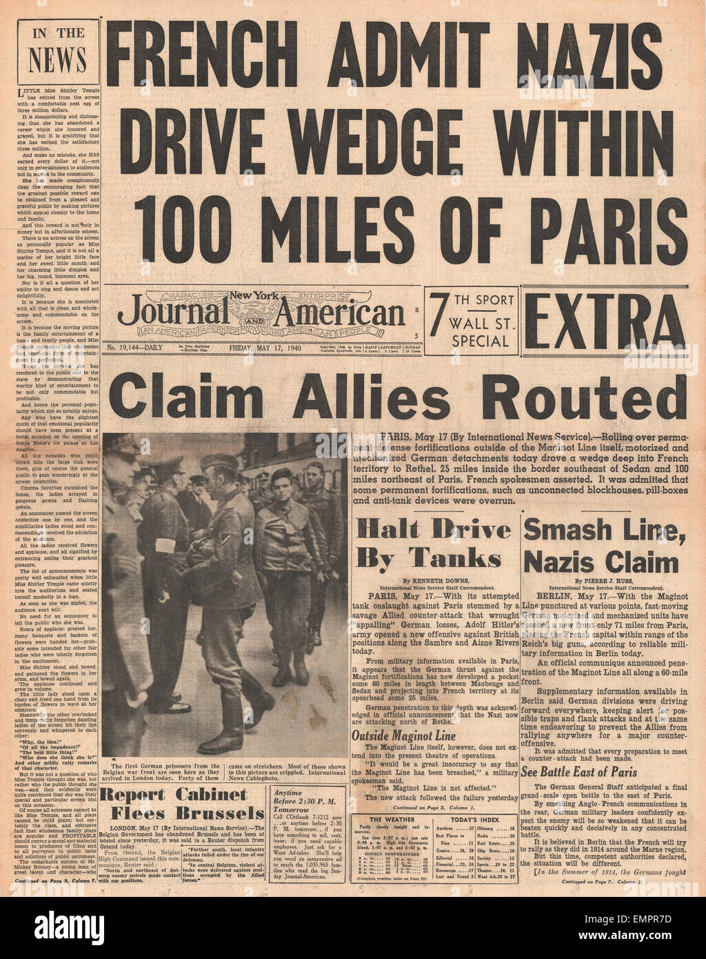 1940 front page  New York Journal American German Army within 100 miles of Paris Berlin claims Allies have been routed Stock Photo