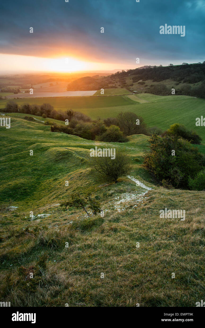 Stunning Spring sunrise over English countryside landscape escarpment Stock Photo