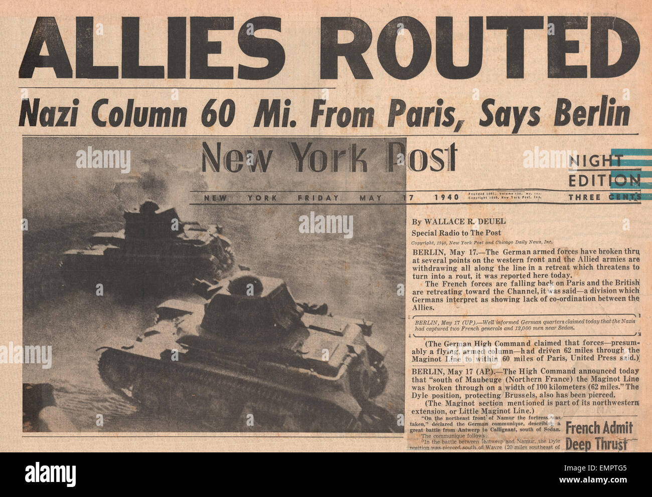 1940 front page  New York Post American German Army within 100 miles of Paris Berlin claims Allies have been routed Stock Photo