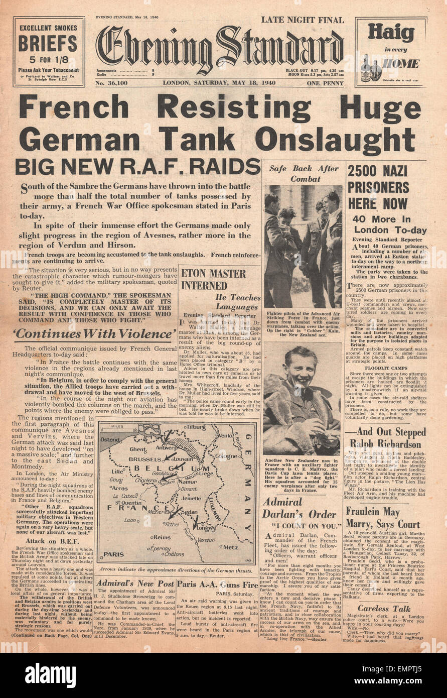 1940 front page Evening Standard Allies bid to stop German advance Stock Photo