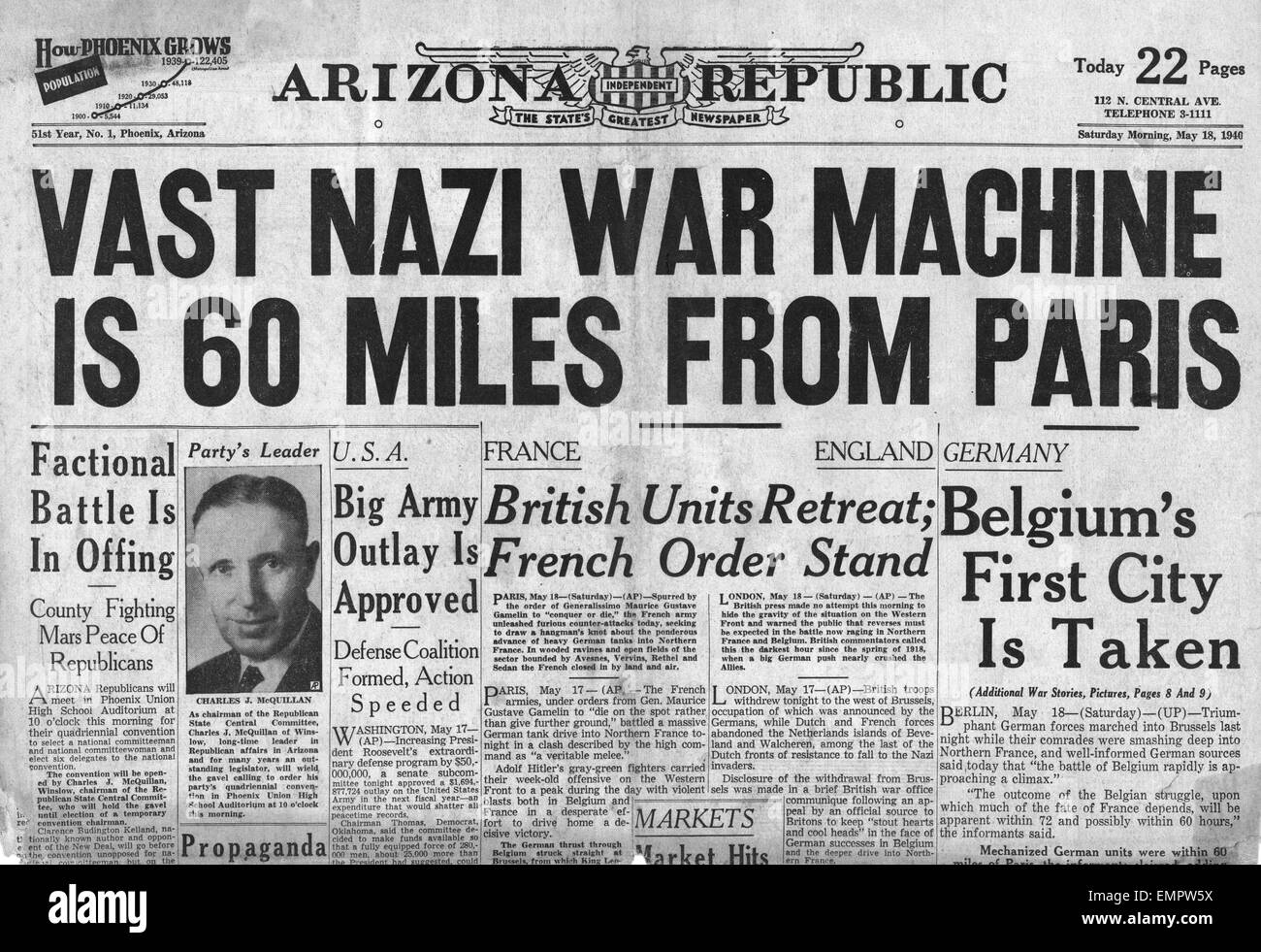 1940 front page Arizona Republic German Army is 60 miles from Paris Stock Photo