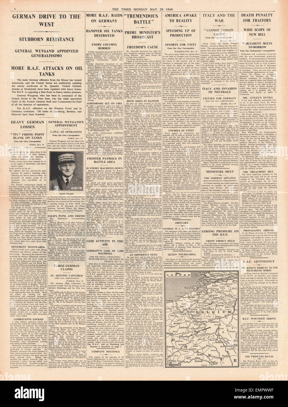 1940 page 6 The Times General Weygand takes command of French Forces Stock Photo