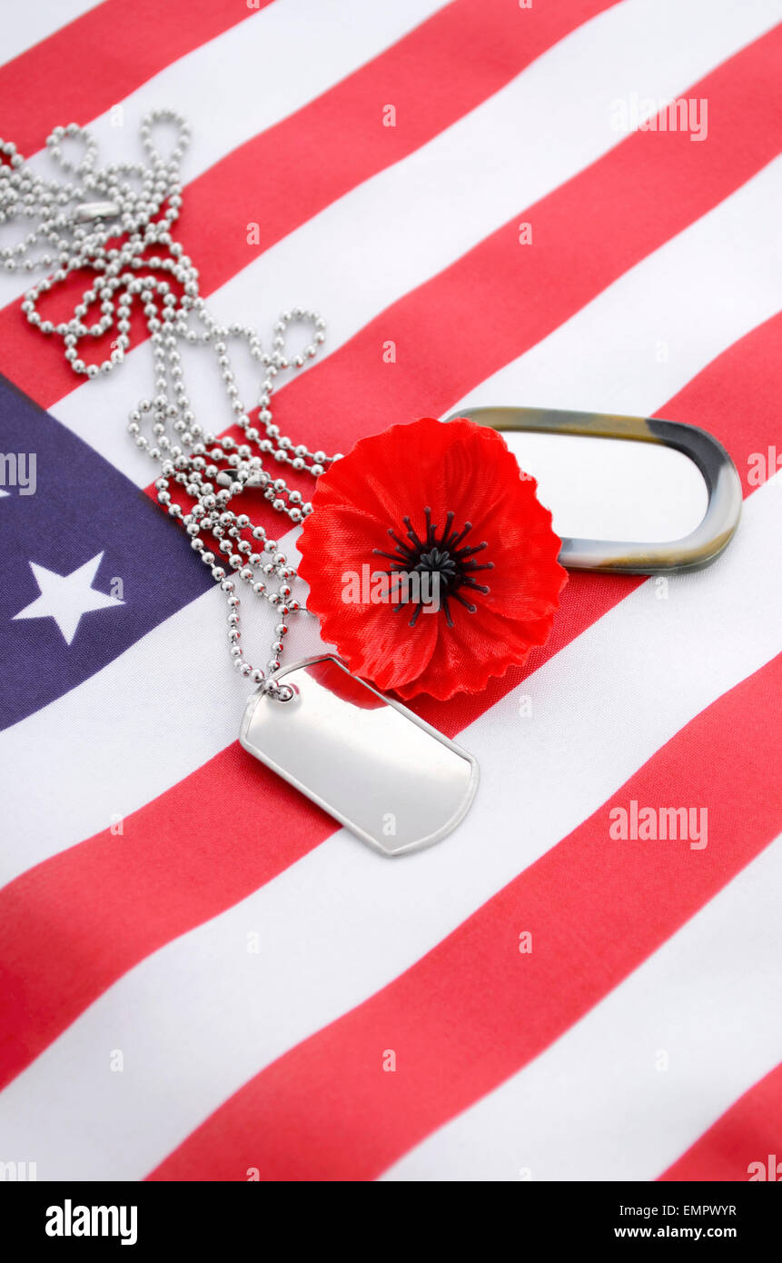 USA Memorial Day concept with dog tags and red remembrance poppy on ...