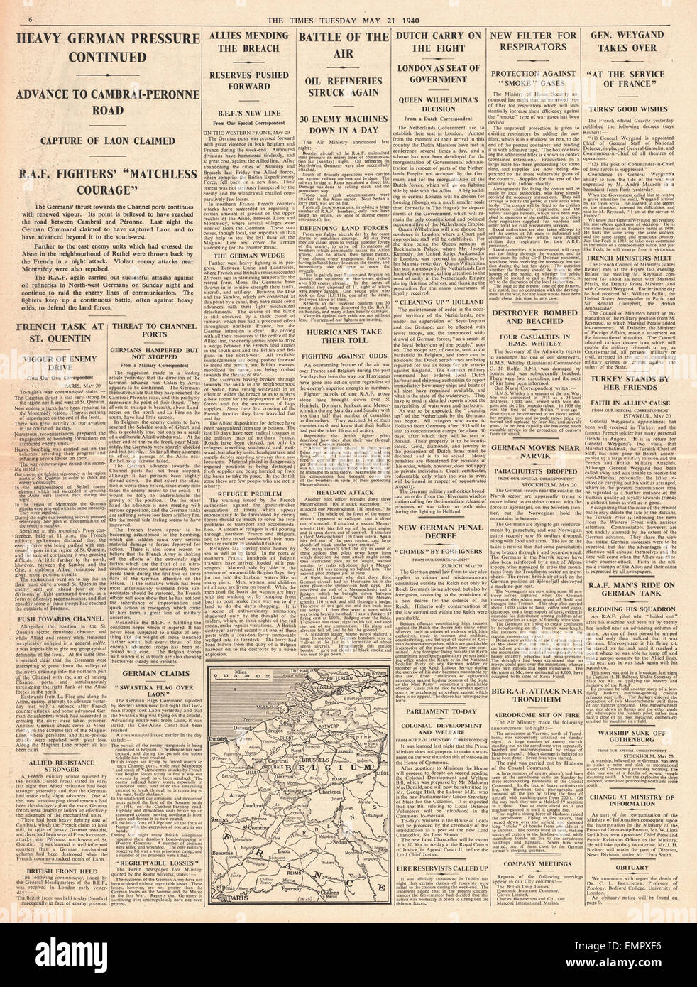 1940 The Times page 6 German army advances towards the English Channel Stock Photo