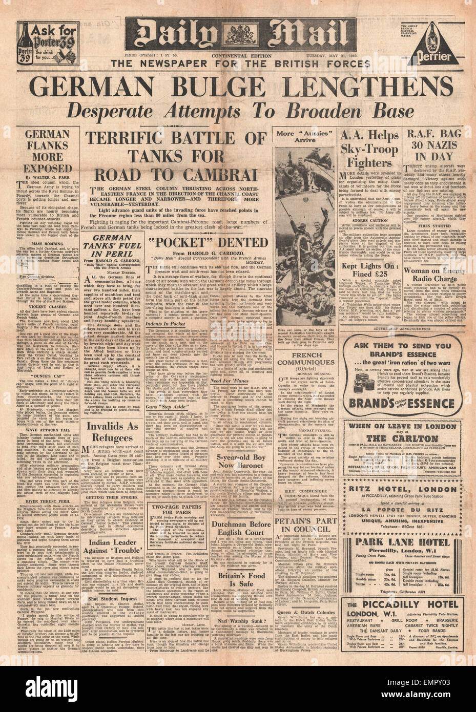 1940 Front Page Daily Mail German Army Advances Towards The English Channel Stock Photo Alamy