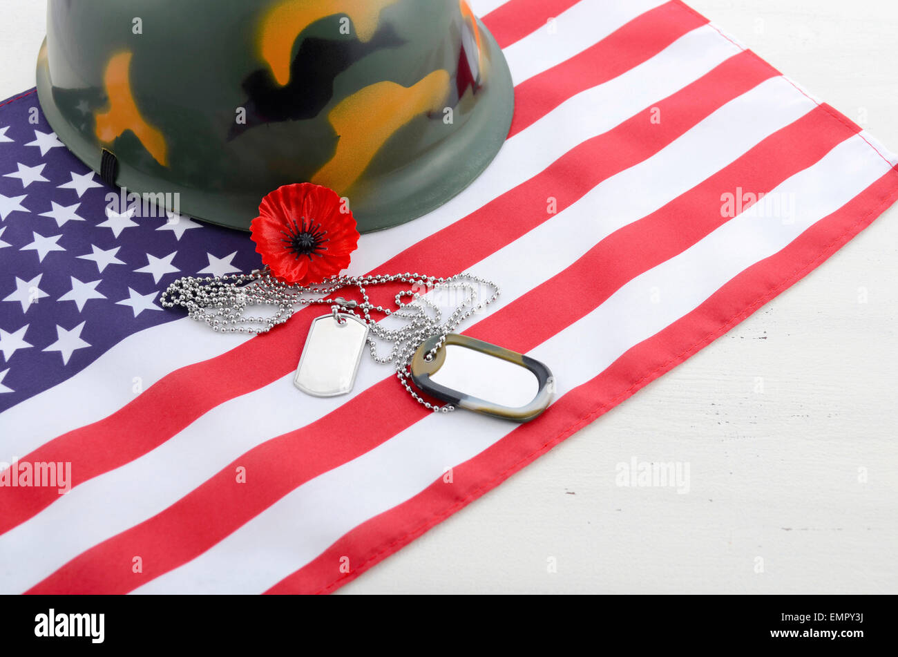 USA Memorial Day concept with dog tags and red remembrance poppy on ...