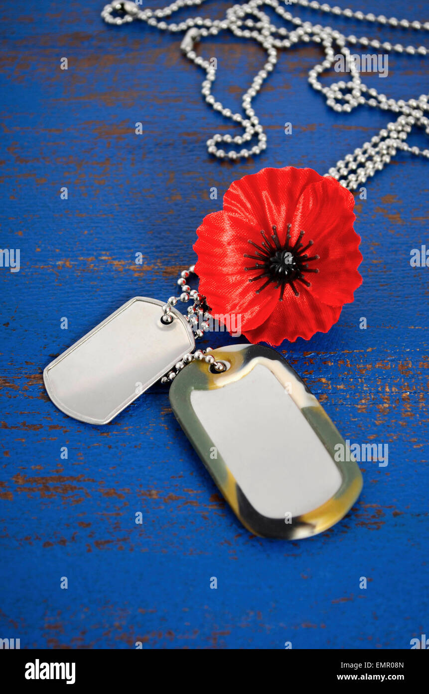 USA Memorial Day concept of red remembrance poppy on dark blue Stock