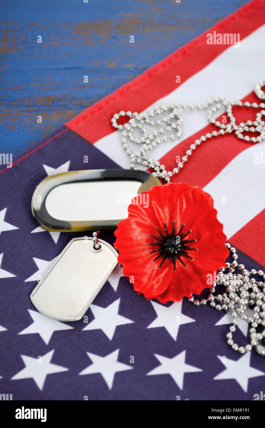 USA Memorial Day concept with dog tags and red remembrance poppy on