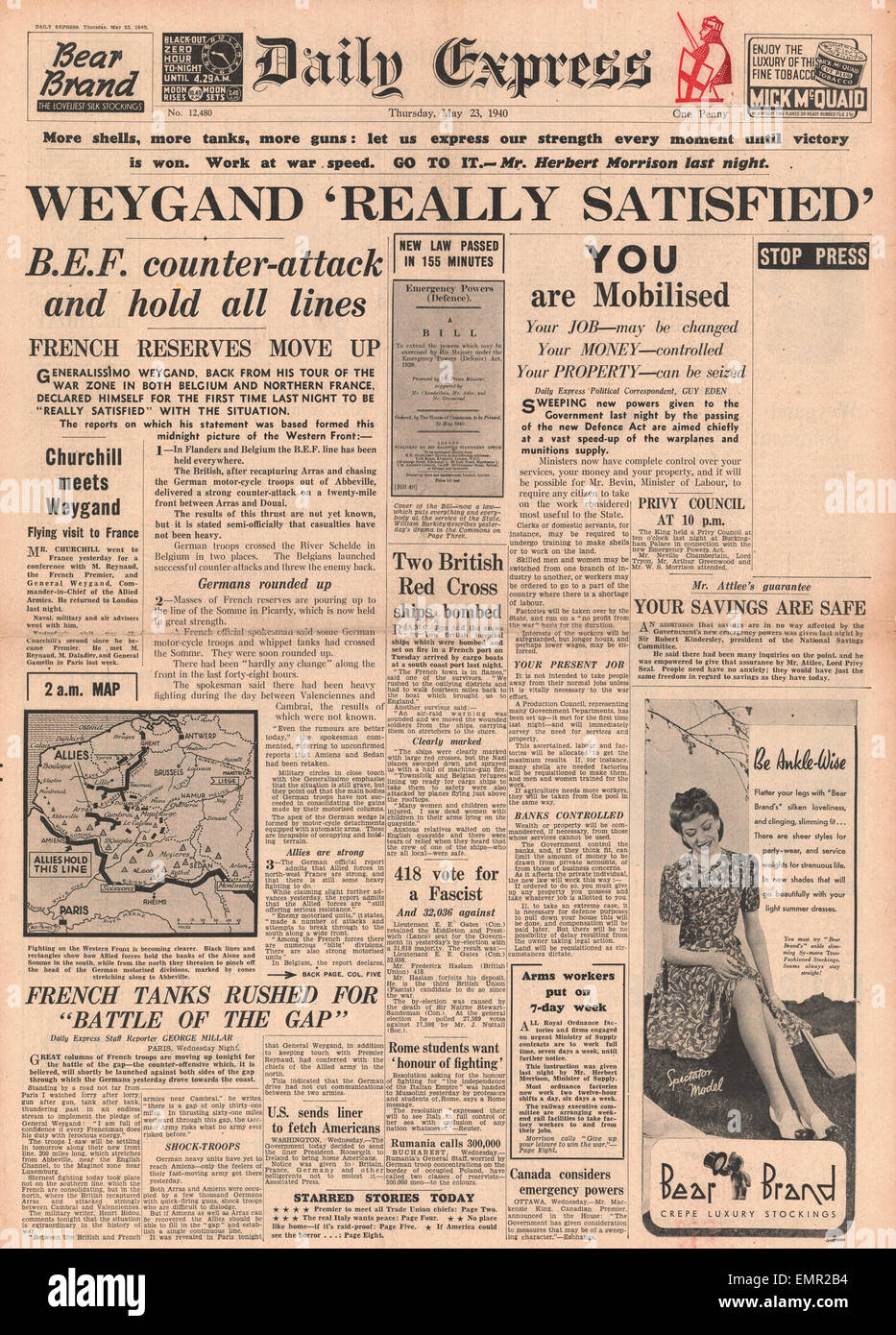 1940 front page Daily Express General Weygand satisfied with situation Stock Photo