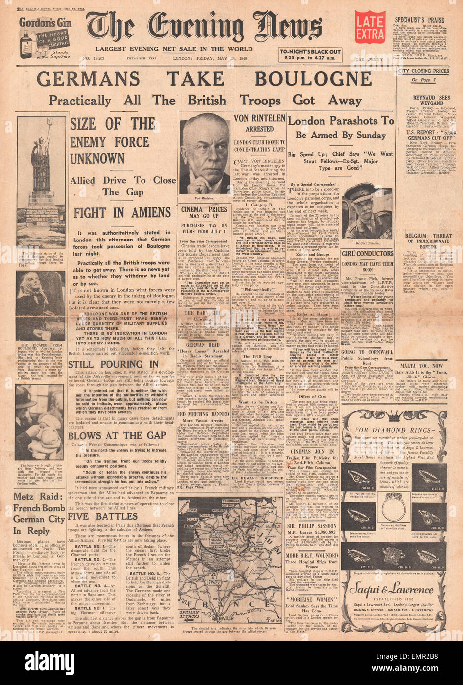 1940 front page Evening News (London) German army capture Boulogne Stock Photo