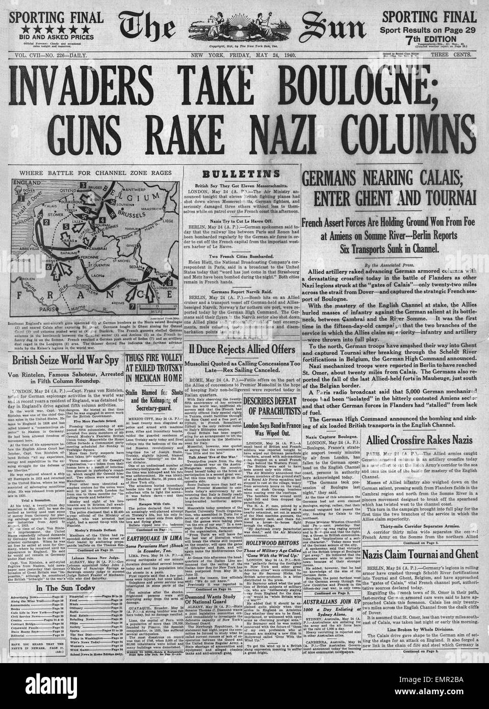 1940 front page The Sun (New York)  German army capture Boulogne Stock Photo