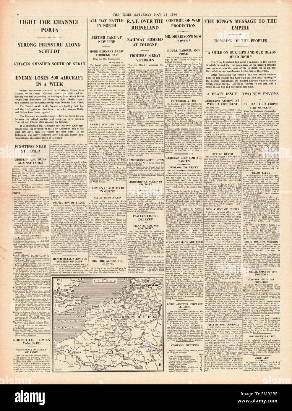 1940 The Times page 6 Allies battle German army for Channel ports King George VI broadcasts message to the Empire Stock Photo