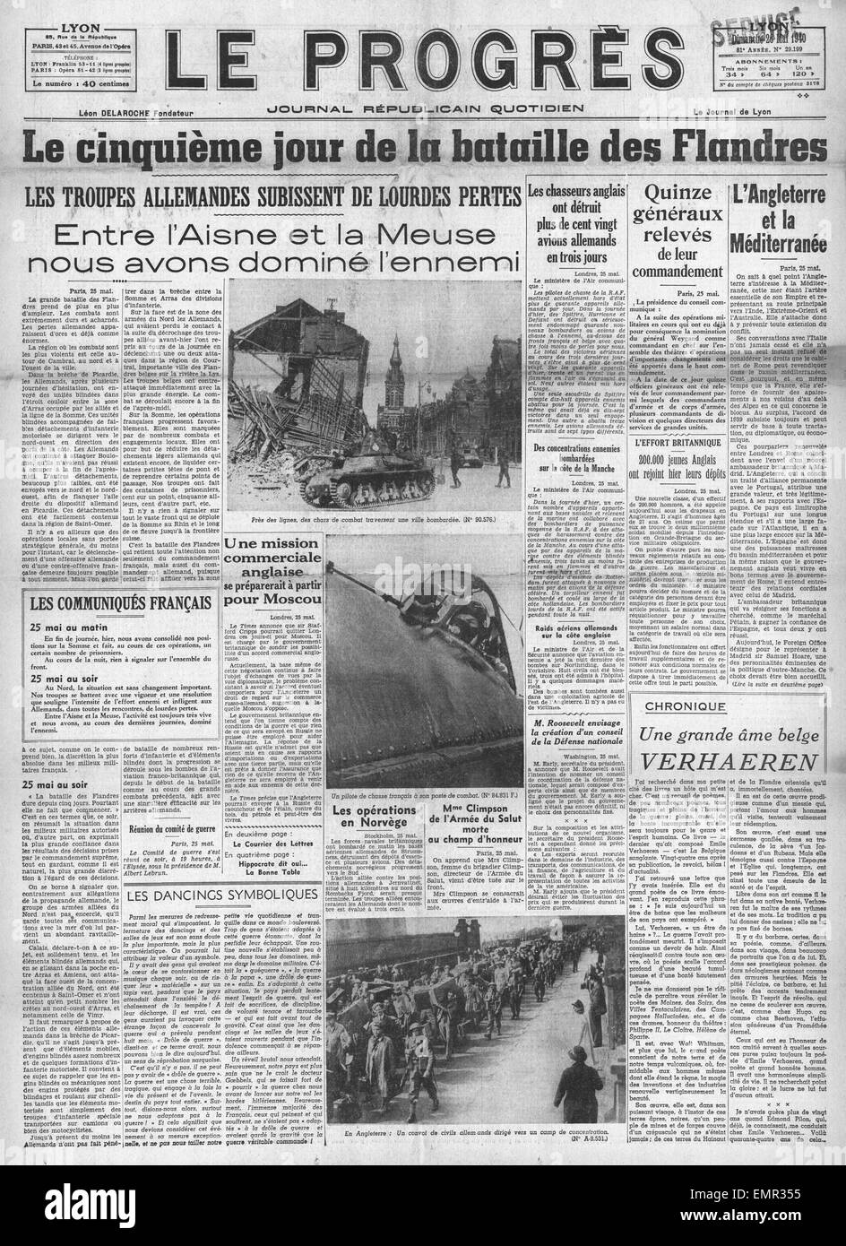 1940 front page Le Progres (France) Battle for Flanders Stock Photo
