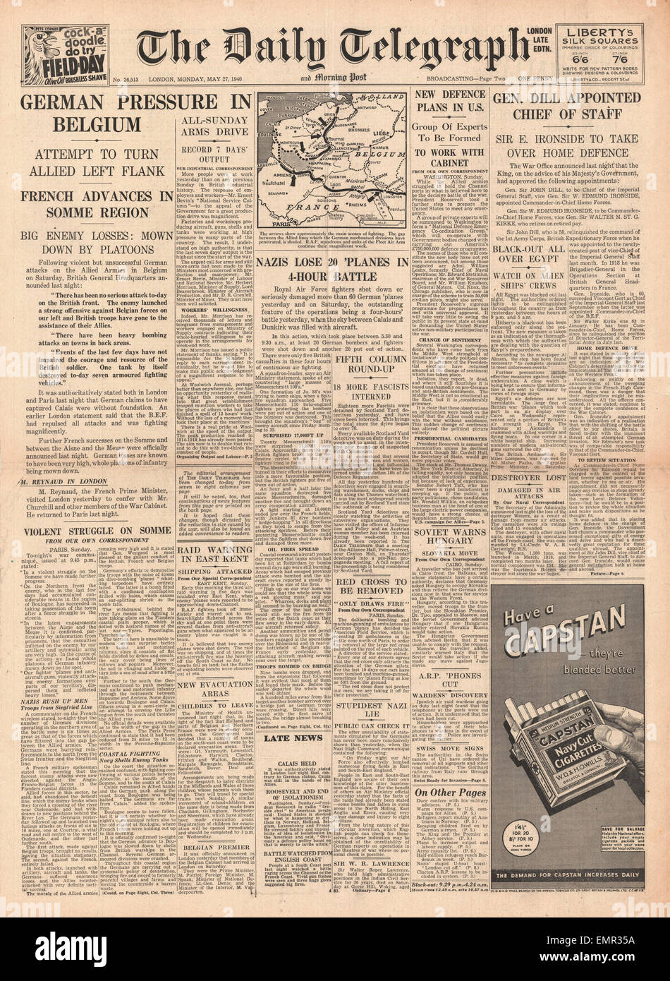 1940 daily telegraph front page hi-res stock photography and images - Alamy