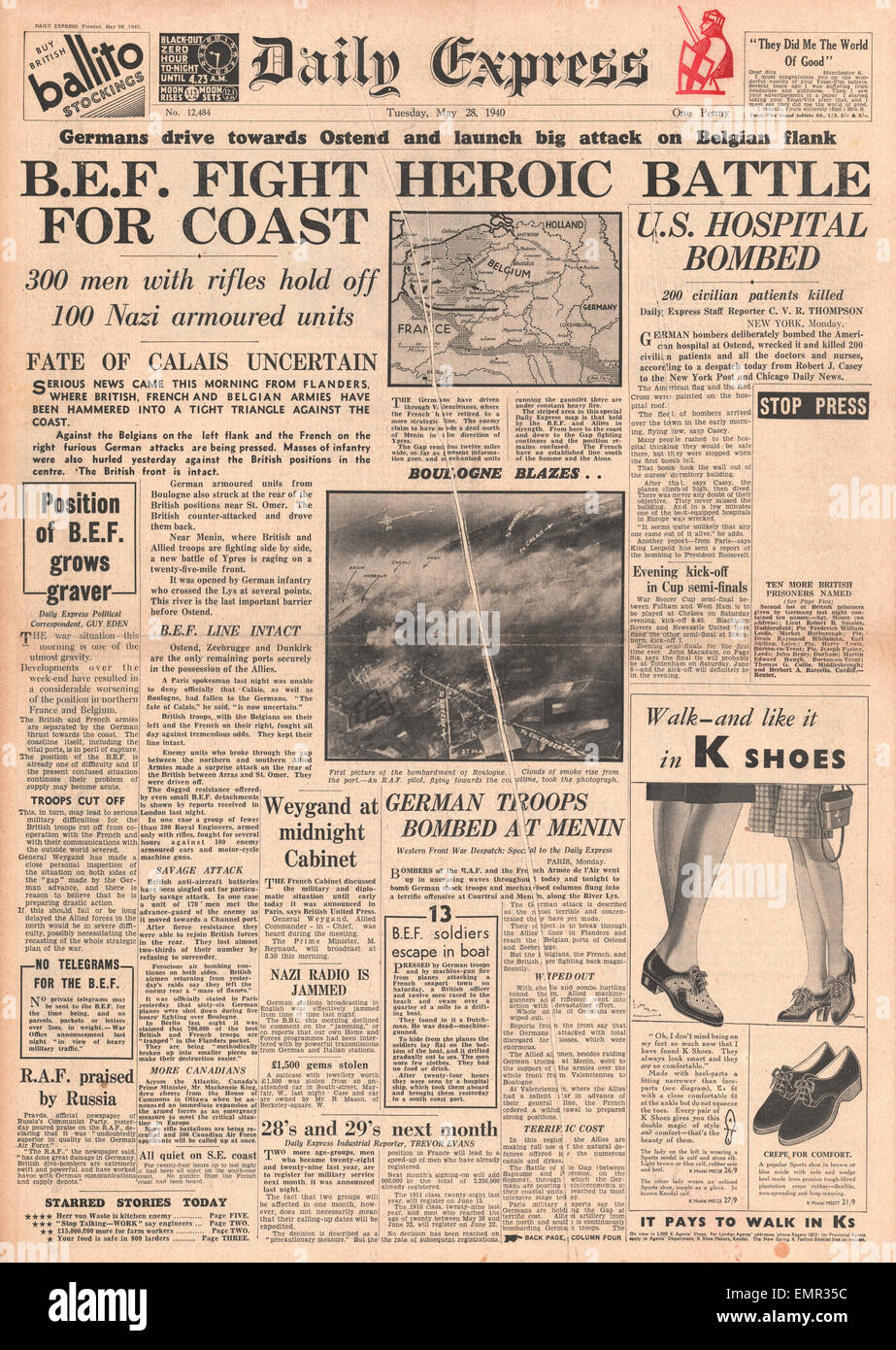 1940 Daily Express Fierce fighting along French coast Stock Photo