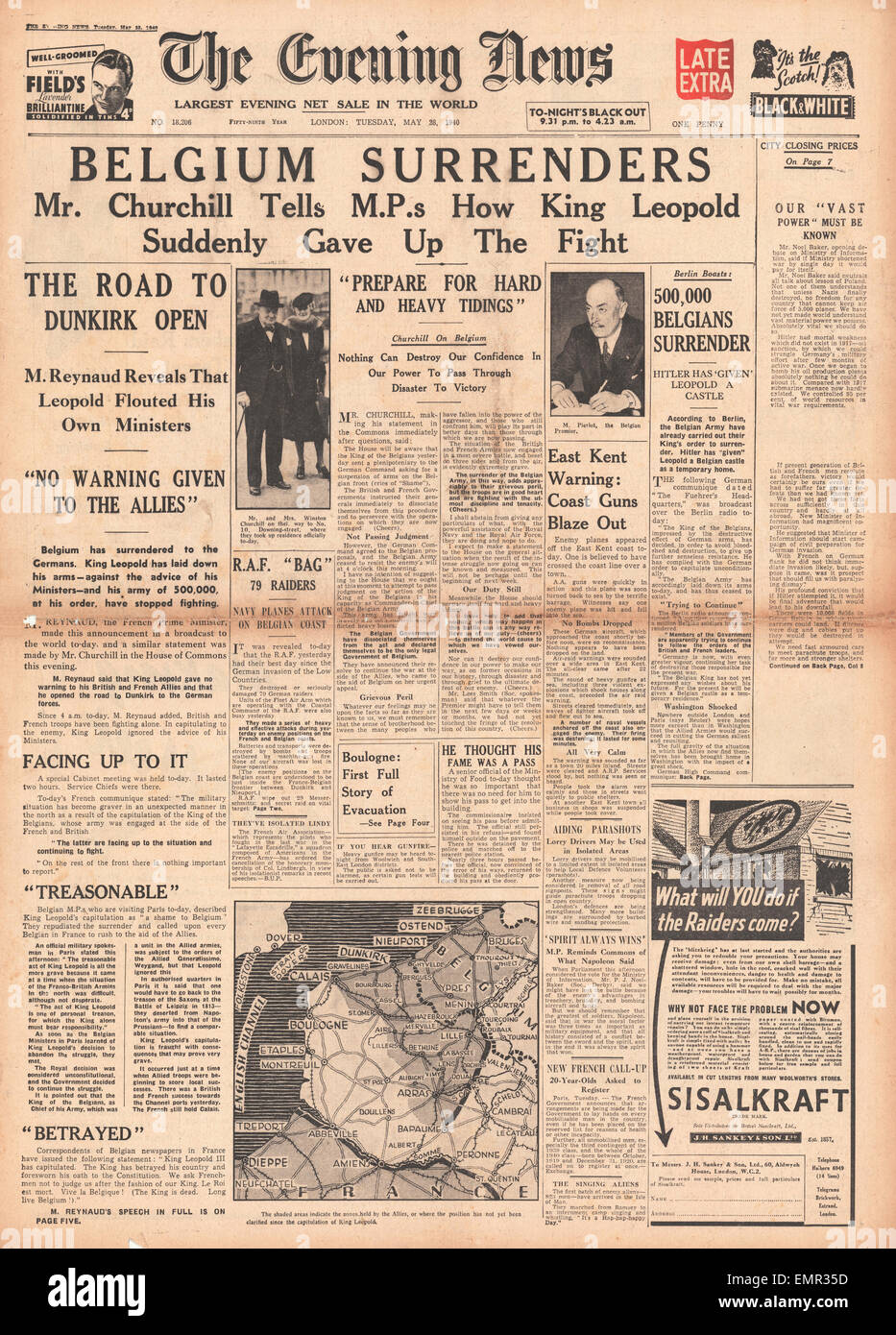 1940 front page Evening News (London) Belgium surrenders Stock Photo