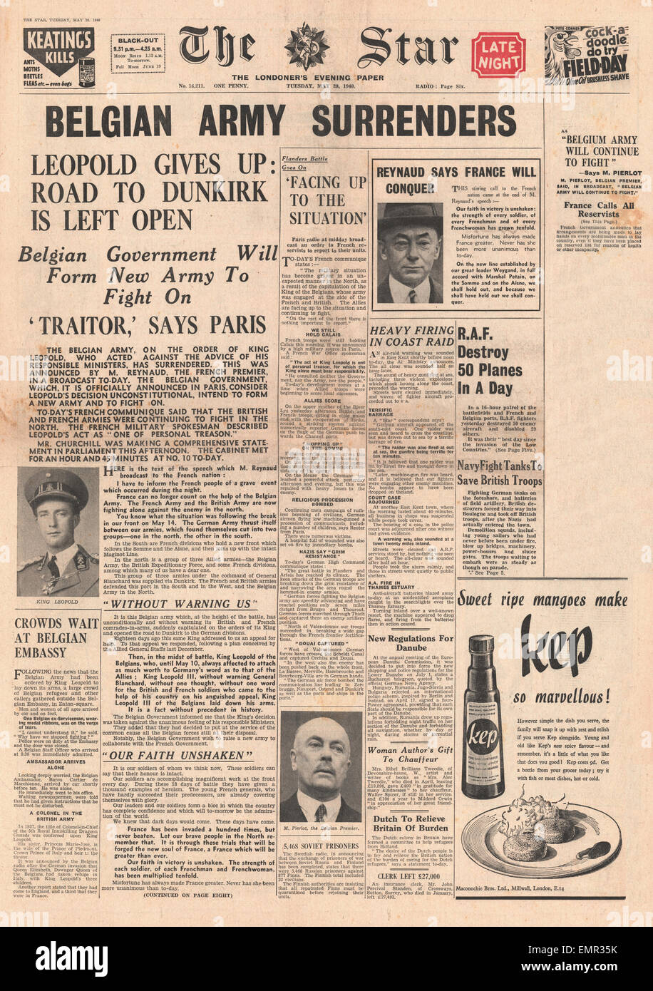 1940 front page The Star (London) Belgium surrenders Stock Photo