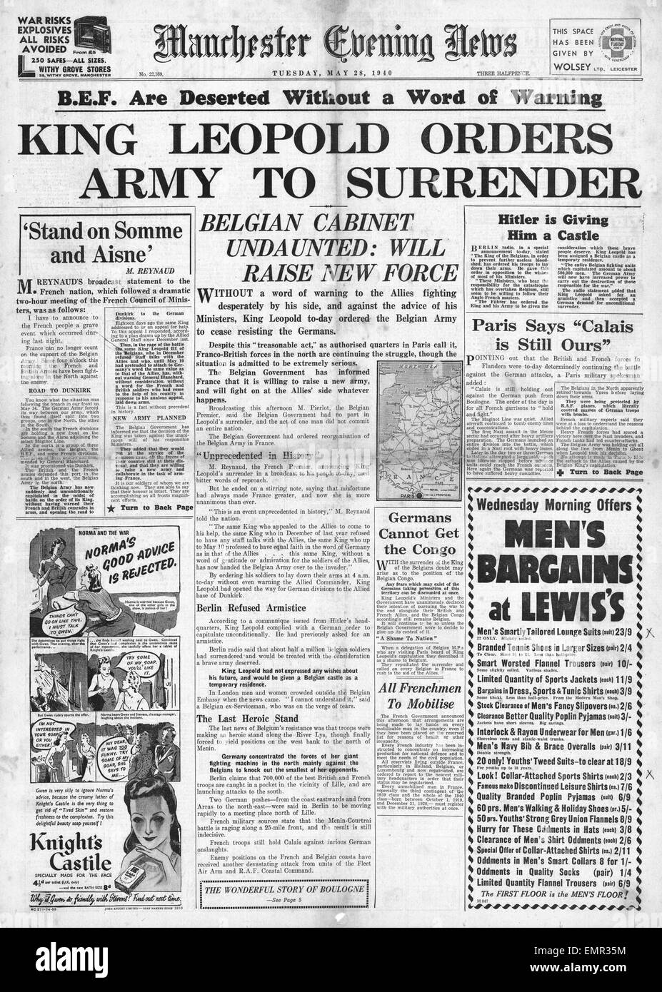 1940 front page Manchester Evening News Belgium surrenders Stock Photo