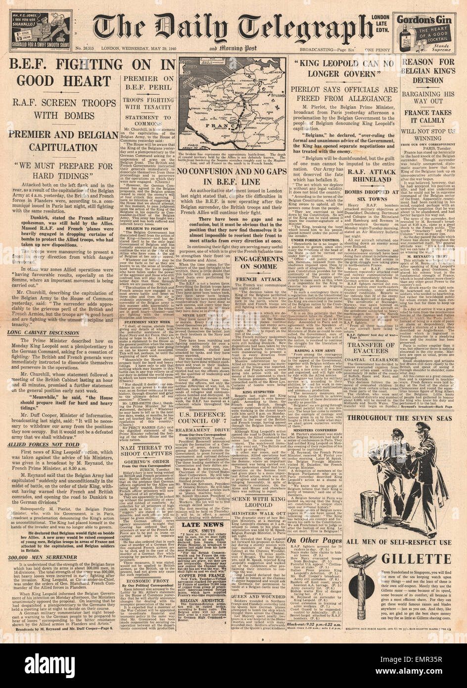 1940 front page Daily Telegraph Belgian cabinet disowns King Leopold after surrender Stock Photo