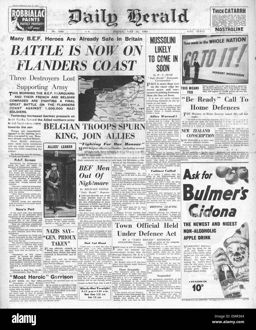 1940 front page Daily Herald German add forty divisions into Battle of France Flanders Stock Photo